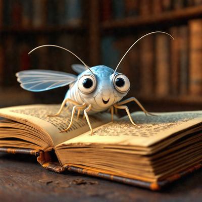 The primary subject of the image is a small, blue, and white insect, possibly a grasshopper or a dragonfly, sitting on top of an open book. The setting is a library, as indicated by the presence of numerous books in the background. The visual style is a combination of photo and digital art, creating a unique and intriguing scene. The colors and mood of the image are predominantly warm and inviting, with the insect and the book serving as the focal points of the composition.